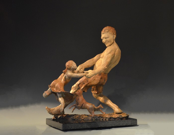 Faster, Daddy! bronze sculpture by David Varnau